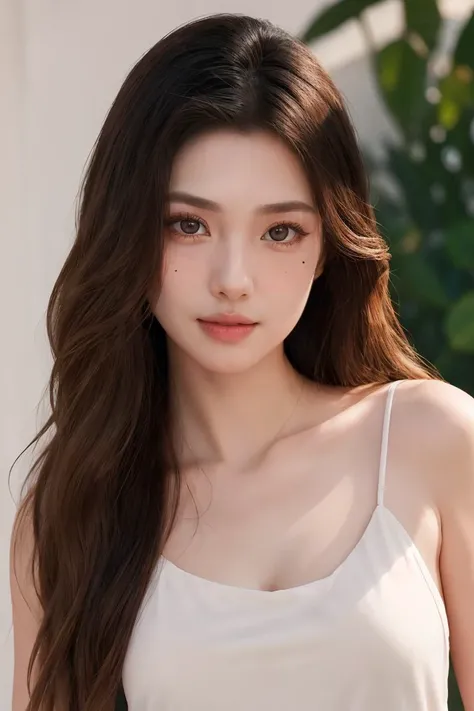 masterpiece, high quality,(photorealistic:1.3),perfect eyes,ultra realistic, real human skin,1girl,(mole under eye),upper body, eyelashes, jewelry, camisole, center opening,, morning, furrows, <lora:hlx_v1-000009:0.55>