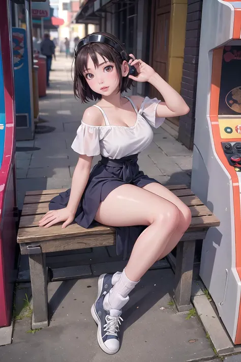 masterpiece, best quality,1girl,28 year old woman,brown eyes,short hair,shiny_skin,(nice_leg_line:1.3),thick_thighs,thin_waist,large breasts
BREAK
chiffon_dress,socks,,
converse
BREAK
night,, Virtual_reality_arcade,,crowd:1.1,depth of field,looking at viewer,sitting on bench,from above,full body