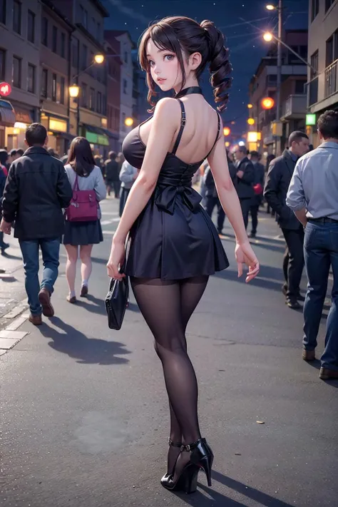 masterpiece, best quality,1girl,28 year old woman,brown eyes,drill hair,shiny_skin,(nice_leg_line:1.3),thick_thighs,thin_waist,huge breasts
BREAK
lolita_dress,shiny_pantyhose:1.3,high heels
BREAK
night,, Outdoor_area_filled_with_maple_trees,,crowd:1.1,depth of field,looking at viewer,standing,from behind,upper body