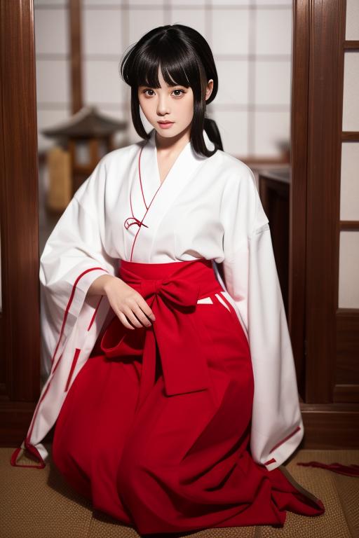A woman in a kimono sitting on the floor in a red skirt - SeaArt AI