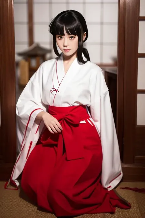ltra-detailed,highly detailed,best quality,masterpiece,illustration,realistic,photorealistic,
1girl, solo,
kikyo,miko, hakama skirt, wide sleeves, long sleeves, ribbon-trimmed sleeves,ribbon,
very long hair, blunt bangs, low ponytail,
looking at viewer, seiza,
indoors, photo background, east asian architecture,
<lora:kikyo miko_v1_07:0.7>
