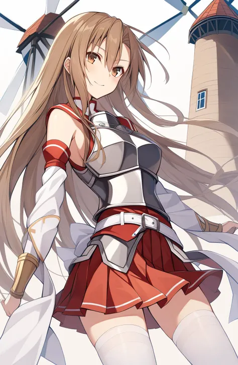 {{{masterpiece}}}, {{{best quality}}}, {{ultra-detailed}}, {illustration}, {{an extremely delicate and beautiful}}, 8k, NSFW, Yuuki Asuna(sao), aaasuna, long hair, brown hair, braid, brown eyes, bare shoulders, armor, breastplate, white sleeves, detached sleeves, red skirt, pleated skirt, white thighhighs, thighs, zettai ryouiki,