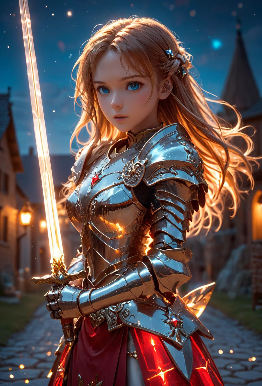 amazing quality, masterpiece, best quality, hyper detailed, ultra detailed, UHD, perfect anatomy, blurry background, night, star sky, studio lighting, bright foreground, face to viewer, wide-angle lens, glowing eyes,
fighting stance, cinematic angle, outstretched arm, outstretched hand,( crystal armor:1.4), (red hybrid gold) armor, (broadsword, glowing shine, dazzling armor:1.2), (European style houses, stone brick road:1.2),
aqua energy surrounded,
<lora:HKStyle:0.85>, HKStyle,
<lora:add-detail-xl:0.75>,
<lora:quality1:0.75>,
<lora:extremely_detailed:1.5>, extremely detailed,
<lora:asuna:0.75> asuna_\(sao\), long_hair, windmill, brown_hair, brown_eyes,
<lora:sdxl_glass:0.7>, translucent armor, transparent armor,