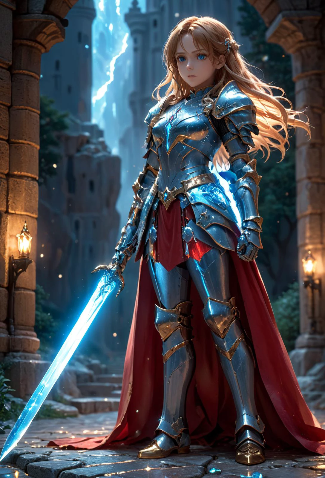 amazing quality, masterpiece, best quality, hyper detailed, ultra detailed, UHD, perfect anatomy, blurry background, night, star sky, studio lighting, bright foreground, face to viewer, wide-angle lens, glowing eyes,
fighting stance, cinematic angle, outstretched arm, outstretched hand,( crystal armor:1.4), (white hybrid red) armor, (broadsword, glowing shine, dazzling armor:1.2), (European style houses, stone brick road:1.2),
aqua energy surrounded,
<lora:HKStyle:0.85>, HKStyle,
<lora:add-detail-xl:0.75>,
<lora:quality1:0.75>,
<lora:extremely_detailed:1.5>, extremely detailed,
<lora:asuna:0.75> asuna_\(sao\), long_hair, windmill, brown_hair, brown_eyes,
<lora:sdxl_glass:0.65>, translucent armor, transparent armor,
