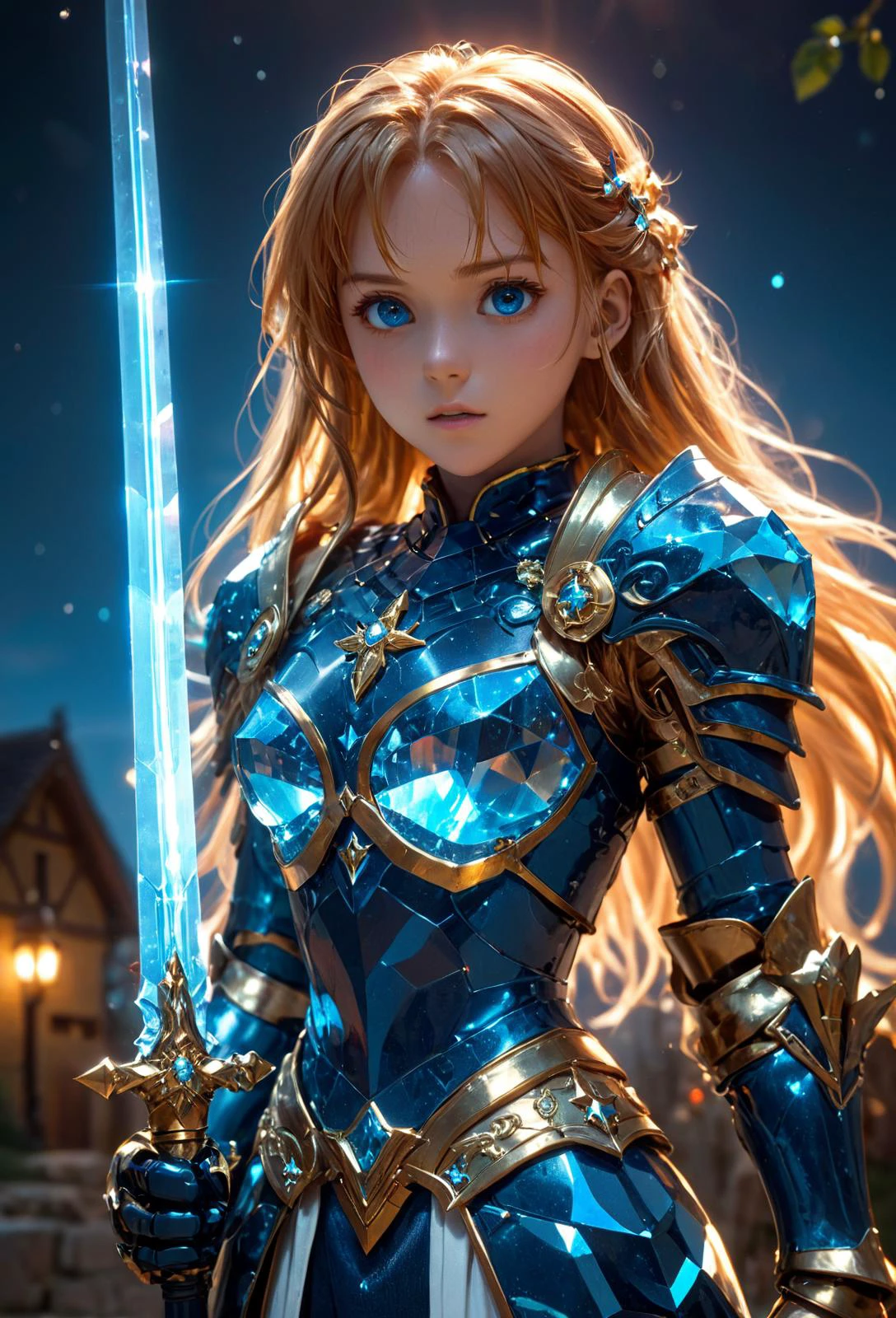 amazing quality, masterpiece, best quality, hyper detailed, ultra detailed, UHD, perfect anatomy, blurry background, night, star sky, studio lighting, bright foreground, face to viewer, wide-angle lens, glowing eyes,
glass world, mirrors, reflrection,
fighting stance, cinematic angle, outstretched arm, outstretched hand,( crystal armor:1.4), (red hybrid gold) armor, (broadsword, glowing shine, dazzling armor:1.2), (European style houses, stone brick road:1.2),
aqua energy surrounded,
<lora:HKStyle:0.85>, HKStyle,
<lora:add-detail-xl:0.75>,
<lora:quality1:0.75>,
<lora:extremely_detailed:1.5>, extremely detailed,
<lora:asuna:0.75> asuna_\(sao\), long_hair, windmill, brown_hair, brown_eyes,
<lora:sdxl_glass:0.7>, translucent armor, transparent armor,