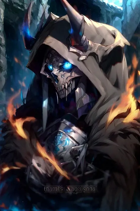 ha sang,1boy,king hassan \(fate\),horns,mask,male focus,solo,hood,hood up,cloak,upper body,looking at viewer,black cloak,<lora:ha sang_çåæ¡:0.9>,, (masterpiece), (best quality), HDR, intricate detail,