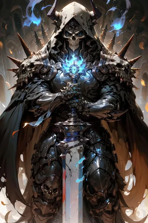 ha sang,1boy,skull mask,armor,male focus,solo,weapon,sword,spikes,looking at viewer,blue_fire,cloak,hood up,holding,<lora:ha sang_çåæ¡:0.8>,, (masterpiece), (best quality), HDR, intricate detail,