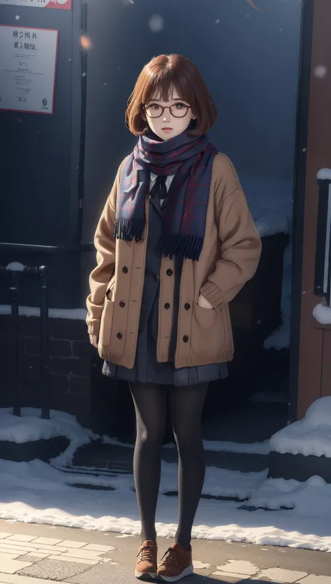 ((((ultra illustrated style:1.0)))),best quality,best animated,masterpiece,ray tracing, global illumination,Winter clothes scarf,1girl, solo, standing, looking at viewer, full body, outdoors, <lora:Kuriyama Mirai harem outfit Winter clothes scarf track suit:0.8>