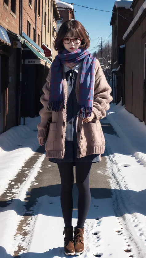 ((((ultra illustrated style:1.0)))),best quality,best animated,masterpiece,ray tracing, global illumination,Winter clothes scarf,1girl, solo, standing, looking at viewer, full body, outdoors,  <lora:Kuriyama Mirai harem outfit Winter clothes scarf track suit:0.8>