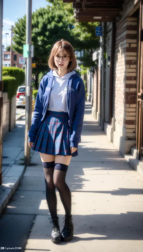 (8k, RAW photo, best quality, masterpiece:1.2), (realistic, photo-realistic:1.37), ultra highres, depth of field, chromatic aberration, caustics, Broad lighting, natural shading,Fujifilm XT3,masterpiece,ultra detailed,Kuriyama Mirai,1girl, solo,full body,hoodie,pleated skirt,zettai ryouiki,boots, shy,city, street,building, <lora:Kuriyama Mirai harem outfit Winter clothes scarf track suit:0.8>