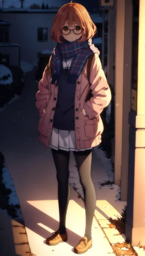 ((((ultra illustrated style:1.0)))),best quality,best animated,masterpiece,ray tracing, global illumination,Winter clothes scarf,1girl, solo, standing, looking at viewer, full body, outdoors, <lora:Kuriyama Mirai harem outfit Winter clothes scarf track suit:0.9>