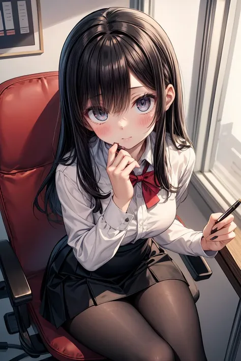 (masterpiece, best quality), a young black haired girl office secretary dressed in a transparent white blouse and black office skirt and black pantyhose ,sitting in an office chair, holding pencil, (detailed skin:1.3),(detailed eyes), (sharp focus), <lora:add_detail:1>