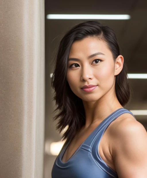 a beautiful picture of fukuharaXL ,woman,dark hair,detailed skin texture,masterpiece, photorealistic, light, RAW color photo,(fully in frame:1.1), (blush:0.5), (goosebumps:0.5),wearing a black sports bra an black leggins, detailed face,indoors, (smile:0.5), film grain,cinematic lightning,