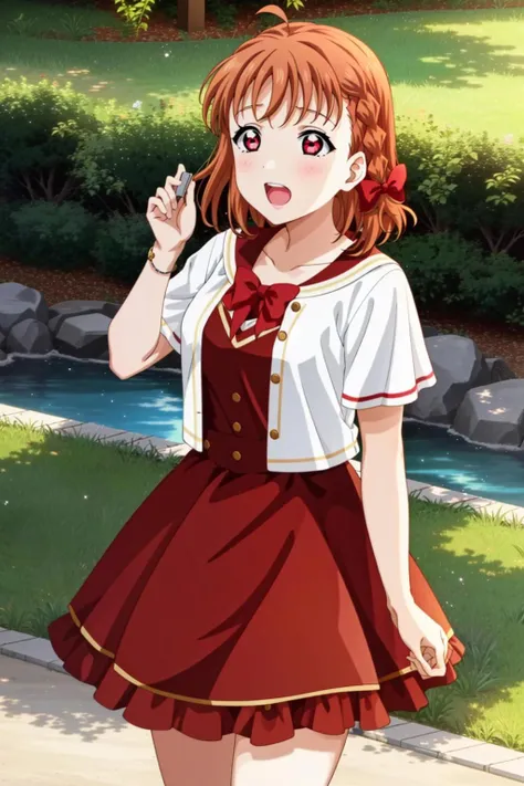 1girl, solo, takami chika, red eyes, braid, hair bow, ahoge, outdoors, <lora:ChikaLL_v1:0.8>