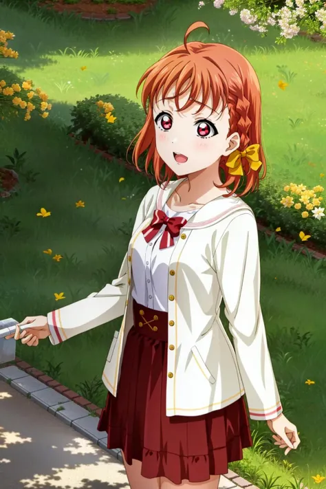 1girl, solo, takami chika, red eyes, braid, hair bow, ahoge, outdoors, <lora:ChikaLL_v1:0.8>