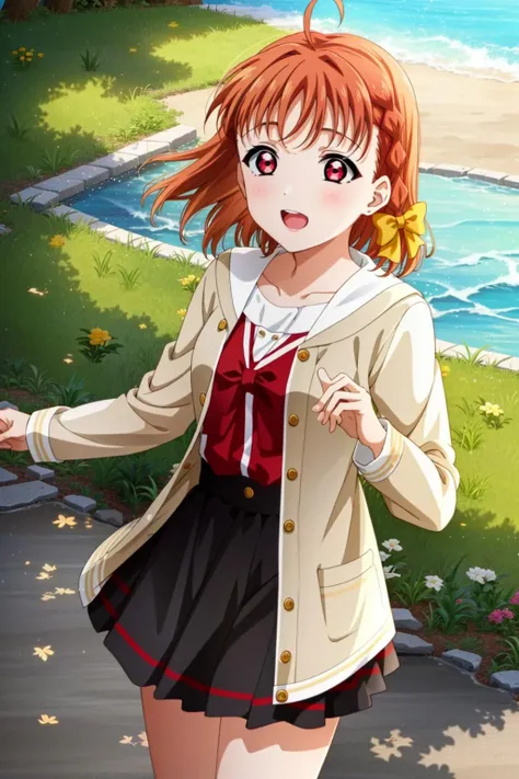 1girl, solo, takami chika, red eyes, braid, hair bow, ahoge, outdoors, <lora:ChikaLL_v1:0.8>