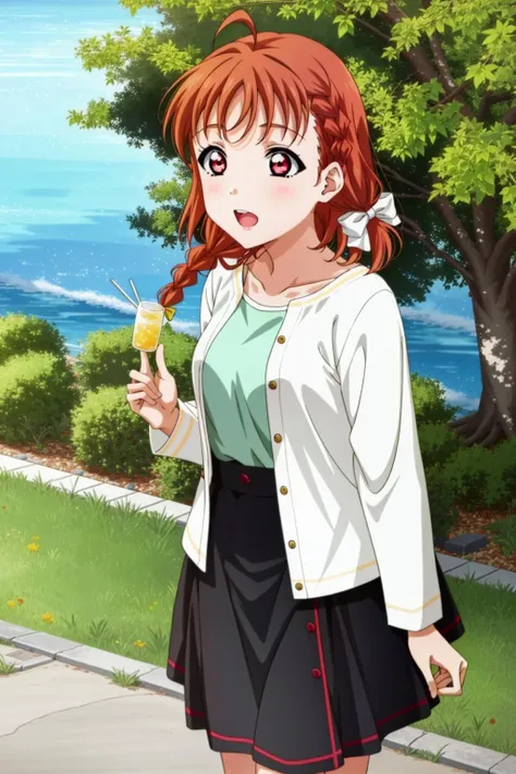 1girl, solo, takami chika, red eyes, braid, hair bow, ahoge, outdoors, <lora:ChikaLL_v1:0.8>