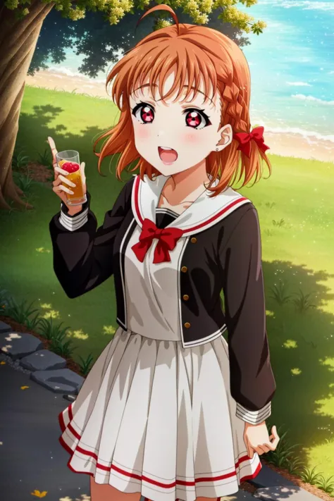 1girl, solo, takami chika, red eyes, braid, hair bow, ahoge, outdoors, <lora:ChikaLL_v1:0.8>