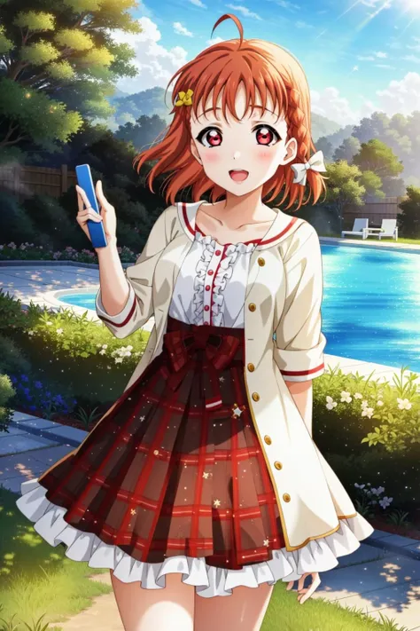 1girl, solo, takami chika, red eyes, braid, hair bow, ahoge, outdoors, <lora:ChikaLL_v1:0.8>