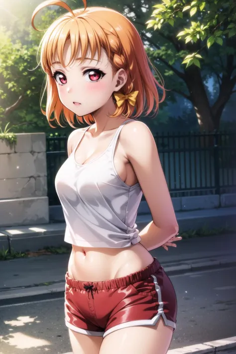 Browsing Caution, masterpiece, 1 girl, Exquisitely crafted, belly button, necklace, Orange Hair, Completely naked, smile, 非常に詳細な裸body, Realistic, Octane Rendering, 8k yen, Unreal Engine., Bare Chest, Bare Belly, Sweaty, wet body, Beautiful Face, Small breasts, body, , Flat Chest, Silence Suzuka \(umamusume\), jogging, garden, Horse's ears, Horse tail, Exposing shoulders, Full nudity, 芸術的な美しい裸body