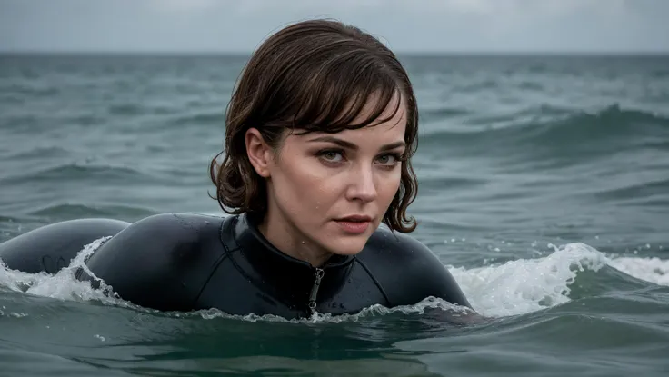 nolfcatearcher, close-up, woman in a wetsuit in the water, secret agent, action portrait, highly detailed, realistic,  1960s style, cinematic, movie scene, dramatic and suspense, wet, wet hair, partly submerged,
<lora:CateArcher:0.8>