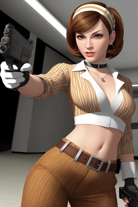 nolfcatearcher, 1girl, low angle, short hair, brown hair, gloves, navel, brown eyes, medium breasts, weapon, hairband, midriff, striped, belt, pants, gun, handgun, patterned shirt, striped pants, choker, white choker, 3d, 1960s style,
 <lora:CateArcher:0.8>