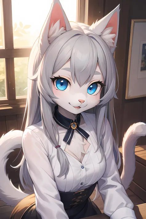 (hi res), ((masterpiece)) , ((best quality)), illustration, furry, 
cat, animal ears, tail, bodyfur, 1girl, POV, upper body, 1girl, solo, long hair, gray hair, *//*, blue eye, *//*, white blouse, looking at viewer, smile,