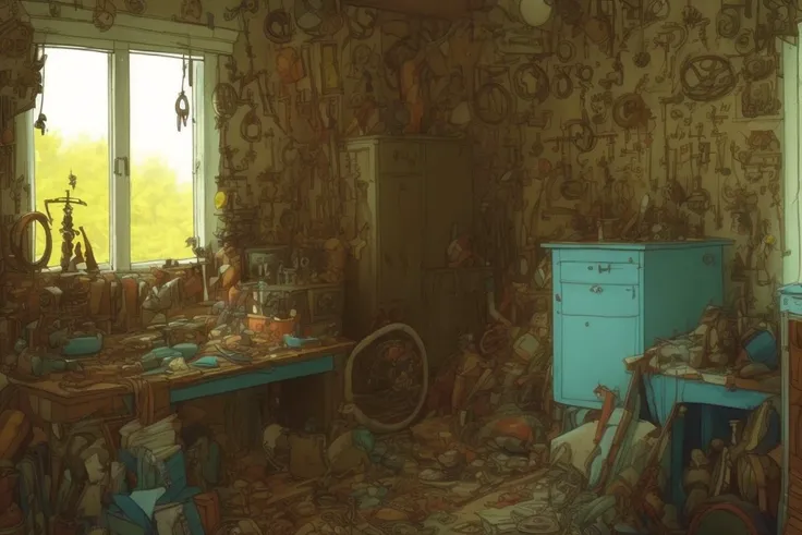 <lora:pettsonAI:1>, PetssonAI, ((best quality)), ((masterpiece)), (detailed), workshop, cogs, scrap everywhere, trinkets, decoration, very messy room, detailed background, 4K resolution, unreal engine, high resolution wallpaper, sharp focus