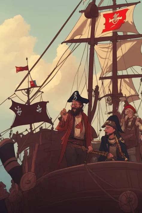 <lora:pettsonAI:1>, PetssonAI, ((best quality)), ((masterpiece)), (detailed), on board a pirate ship, cute pirates, captain giving order, cannons, sword, jolly roger, detailed background, 4K resolution, unreal engine, high resolution wallpaper, sharp focus