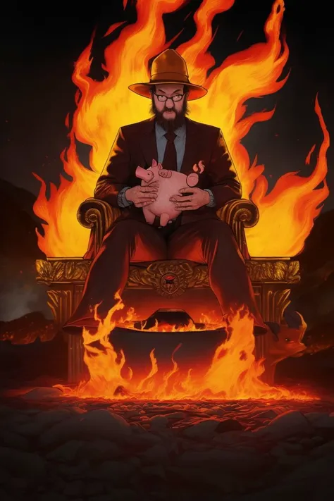 <lora:pettsonAI:1>, PetssonAI, ((best quality)), ((masterpiece)), (detailed), the devil on his throne, dark dimension, lesser demons climbing everywhere, flames and fire, lava floor, slaughtered pigs, detailed background, 4K resolution, unreal engine, high resolution wallpaper, sharp focus