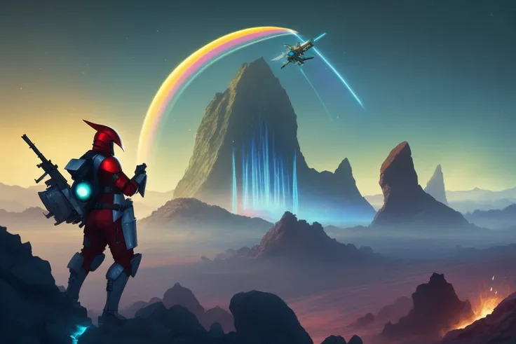 <lora:pettsonAI:1>, PetssonAI, ((best quality)), ((masterpiece)), (detailed), mandalorian, gunslinger, space battle on an alien world, gemstones, crystals, lava waterfall, rainbow, detailed background, 4K resolution, unreal engine, high resolution wallpaper, sharp focus