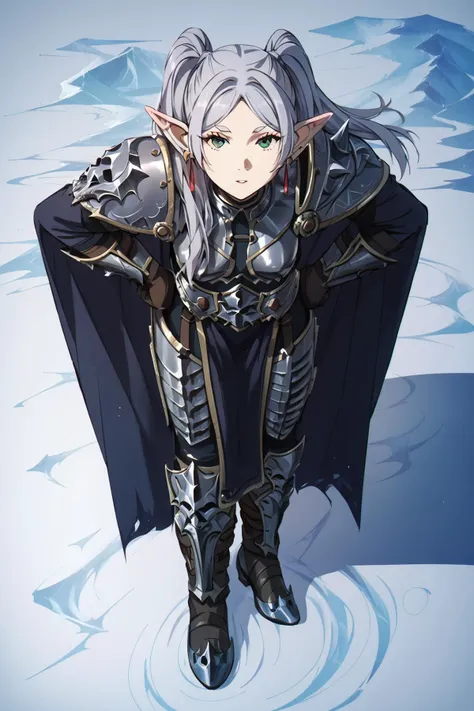 <lora:arthas:1>wearing arth4s armor,leaning forward, hands on own hips, looking at viewer <lora:SousouNoFrieren_FrierenXL:0.9> FrierenSSnF,grey hair, long hair, green eyes, twintails, parted bangs, earrings, pointy ears, small breasts, Score_9, Score_8_up, Score_7_up, Score_6_up, Score_5_up, Score_4_up, BREAK,1girl in full growth, best quality, masterpiece, ultra-detailed, high quality,good quality,1 girl,(master piece,high resolution, ultra detailed,8K,16K),look at viewer