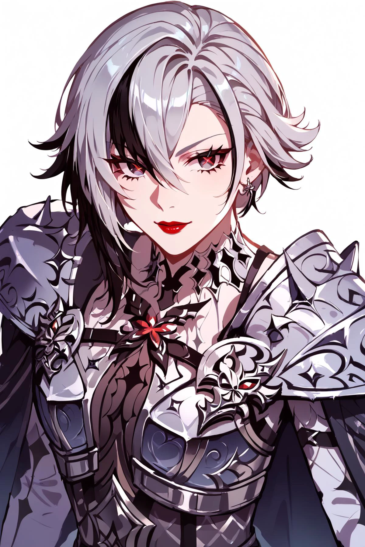 <lora:arthas:1>wearing arth4s armor, <lora:arlecchino xl pd:0.8> arlecchino gi,x-shaped pupils,multicolored hair,black hair,hair between eyes,short hair white hair,streaked hair,earrings,jewelrybangs,red lips,grey hair, Score_9, Score_8_up, Score_7_up, Score_6_up, Score_5_up, Score_4_up, BREAK,1girl in full growth, best quality, masterpiece, ultra-detailed, high quality,good quality,1 girl,(master piece,high resolution, ultra detailed,8K,16K),look at viewer