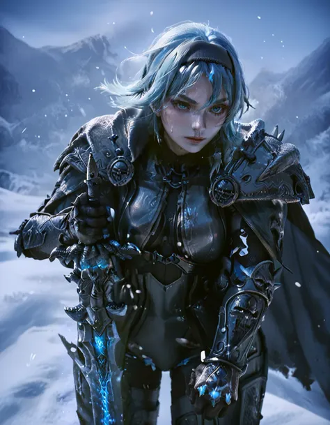 score_9, score_8_up, score_7_up, 
close view of 1girl wearing arth4s armor,
blue hair, black hairband,(glowing blue eyes),
holding sword, planted-sword,
heroic pose,long torn black cape,
((snow, snowstorm, wind, epic)),
eula
 <lora:arthas:0.9>
 <lora:planted_sword:0.7>