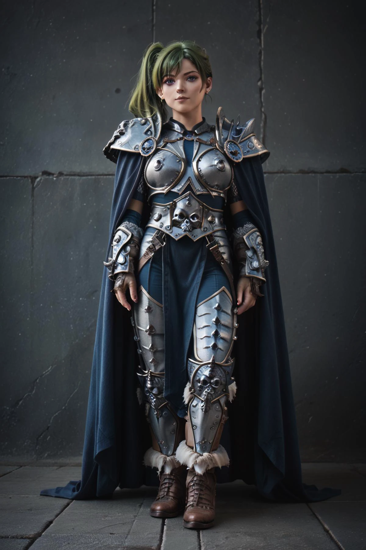 <lora:arthas:1>wearing arth4s armor, <lora:SousouNoFrieren_UbelXL:0.8> UbelSSnF,green hair,side ponytail,purple eyes,large breasts, Score_9, Score_8_up, Score_7_up, Score_6_up, Score_5_up, Score_4_up, BREAK,1girl in full growth, best quality, masterpiece, ultra-detailed, high quality,good quality,1 girl,(master piece,high resolution, ultra detailed,8K,16K),look at viewer