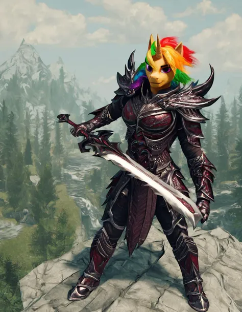 score_9, score_8_up, score_7_up,
 source_furry,  
a multicolored hair unicorn, solo, friendship is magic, rainbow tail,equid,
muscular, wearing black and red da3dric armor, 
holding sword, heroic pose,
 heroic fantasy,
scenery,
 <lora:daedric:0.8>