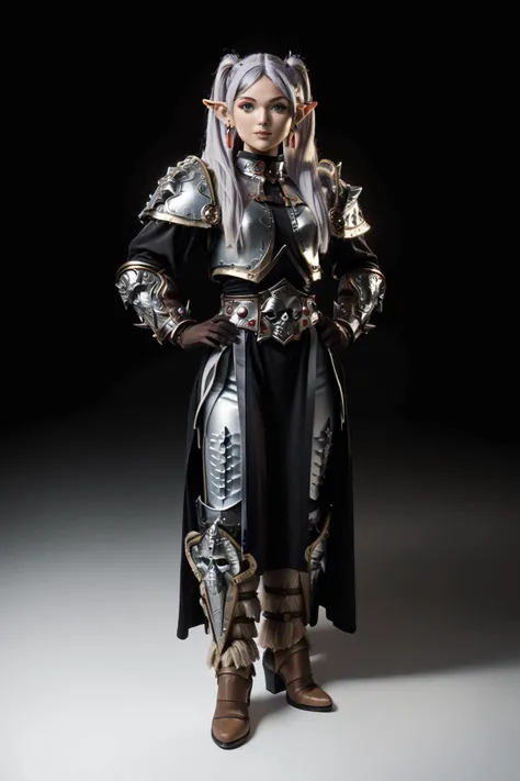 <lora:arthas:1>wearing arth4s armor,leaning forward, hands on own hips, looking at viewer <lora:SousouNoFrieren_FrierenXL:0.9> FrierenSSnF,grey hair, long hair, green eyes, twintails, parted bangs, earrings, pointy ears, small breasts, Score_9, Score_8_up, Score_7_up, Score_6_up, Score_5_up, Score_4_up, BREAK,1girl in full growth, best quality, masterpiece, ultra-detailed, high quality,good quality,1 girl,(master piece,high resolution, ultra detailed,8K,16K),look at viewer