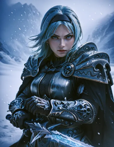 score_9, score_8_up, score_7_up, 
close view of 1girl wearing arth4s armor,
blue hair, black hairband,((glowing)) blue eyes,
holding sword, 
heroic pose,long torn black cape,
((snow, snowstorm, wind, epic)),
epic heroic fantasy,
eula, agressive,looking at viewer,
 <lora:arthas:0.9>