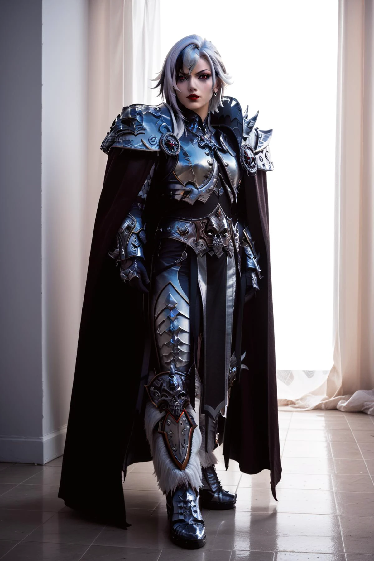 <lora:arthas:1>wearing arth4s armor, <lora:arlecchino xl pd:0.8> arlecchino gi,x-shaped pupils,multicolored hair,black hair,hair between eyes,short hair white hair,streaked hair,earrings,jewelrybangs,red lips,grey hair, Score_9, Score_8_up, Score_7_up, Score_6_up, Score_5_up, Score_4_up, BREAK,1girl in full growth, best quality, masterpiece, ultra-detailed, high quality,good quality,1 girl,(master piece,high resolution, ultra detailed,8K,16K),look at viewer