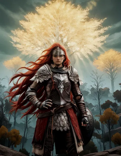 a woman in armor stands in front of a tree with a sword