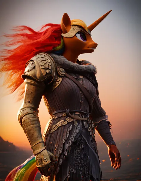 score_9, score_8_up, score_7_up,
source furry,
an anthro unicorn wearing mal3nia armor, solo,
multicolored rainbow hair, multicolored rainbow tail,
w3ers, scenery,gradient sky,battlefield, sunset,
 <lora:malenia_armor:0.9>
 <lora:w3ers:0.8>