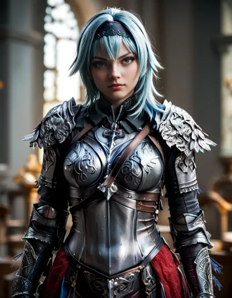 a close up of a woman in armor with blue hair