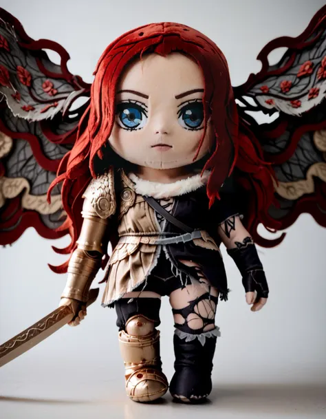 a close up of a doll with a sword and wings