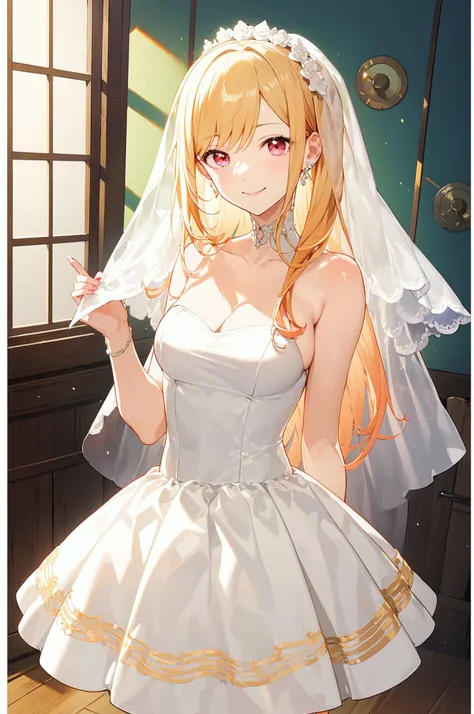 masterpiece,best quality,high quality,highres,1girl,solo,<lora:kitagawa:0.8>,kitagawa marin,cowboy_shot,smile,wedding dress,
