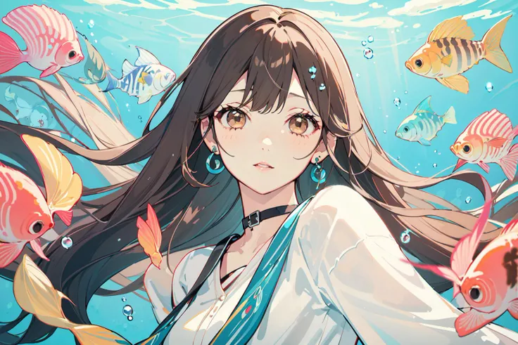 (masterpiece:1.2), best quality,PIXIV,Sweet girl portrait,
1girl, fish, solo, brown eyes, earrings, looking at viewer, jewelry, brown hair, bangs, shirt, medium hair, choker, parted lips, bubble, upper body, air bubble, white shirt, black hair, underwater, long hair, piercing, leaf, ear piercing
<lora:Sweet girl portrait_20231030170647-000018:0.8>