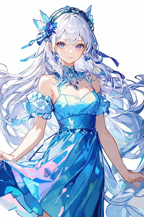 best quality,high quality,highres,1girl,<lora:laser0626:0.7>,solo,leishe,long hair,white hair,long dress,laser,<lora:add_detail:0.3>,hair ornament,necklace,simple background,bangs,cowboy_shot,hair ornament,necklace,