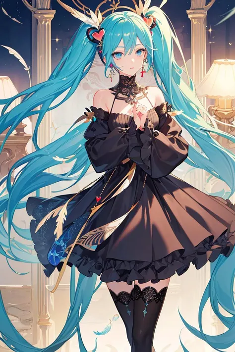 (masterpiece), (best quality), (official art, extremely detailed CG unity 8k wallpaper), (absurdres), (exquisite facial features), girl, solo, hatsune miku, color contact lenses, lace trim, drop earrings, necklace, heart hair ornament, feather hair ornament, thighhighs