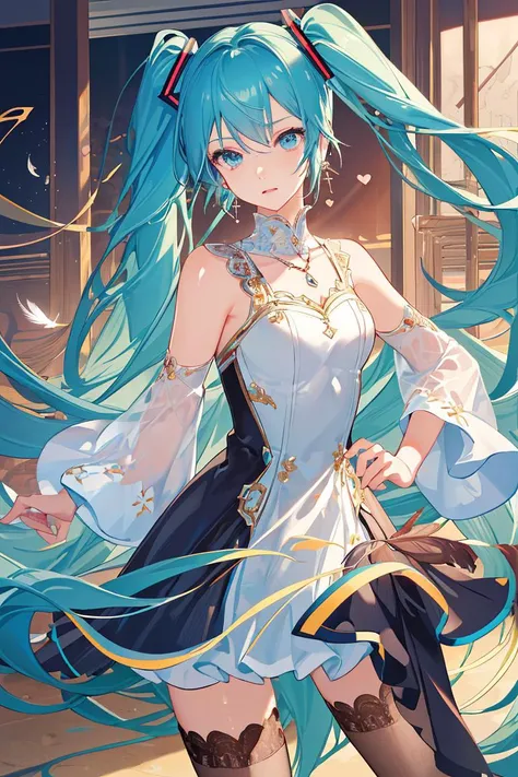 (masterpiece), (best quality), (official art, extremely detailed CG unity 8k wallpaper), (absurdres), (exquisite facial features), girl, solo, hatsune miku, color contact lenses, lace trim, drop earrings, necklace, heart hair ornament, feather hair ornament, thighhighs
