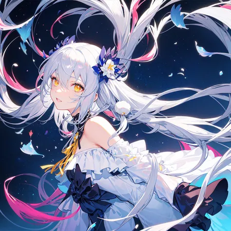 (Masterpiece:1.2, high quality), concept_art, flat coating,splash color, soft lighting, best quality, (dramatic angle:1.25),stunning,(solo:1.4), (1girl), detailed beautiful yellow eyes,multicolored hair,((gratient hair), (white:1.25)+silvery+(pink:0.5) hair//),(long floating hair),(white off-shoulder_shirt),shell hair ornament,hair ribbon, pearl,(looking to the side:1.1),(floating:1.3),(fantastic colorful),fluorescence,((gradient background), (pitch-dark)+(dark_blue:1.25)),(starry sky:1.4)