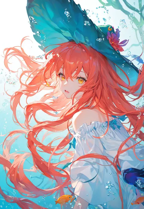 (Masterpiece:1.2, high quality),concept_art,[watercolor],splash color, soft lighting, best quality, (dramatic angle:1.25),[lens 135mm,f1.8],stunning,(solo:1.4), (1girl), detailed beautiful yellow eyes,multicolored hair,((gratient hair), (white:1.25)+red+(pink:0.5) hair//),(long floating hair),(white off-shoulder_shirt),[pearl necklace],beach_straw hat,hat ribbon,hat_flower,(looking to the side:1.3),(coral community:1.3),shell,(fantastic colorful),reef,((gradient background), (light_blue)+(dark_blue)),(Underwater:1.4)